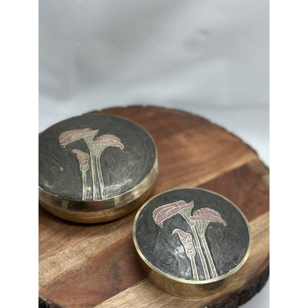 Art Deco MCM Lot Of 2 Trinket Rosenthal Netter Brass w Enamel Lillies